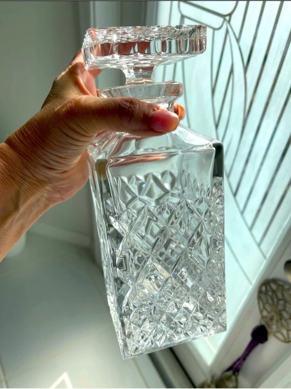 Set of 2 Bohemian Lead Crystal Square Decanter with Stopper & Lismore Snifter